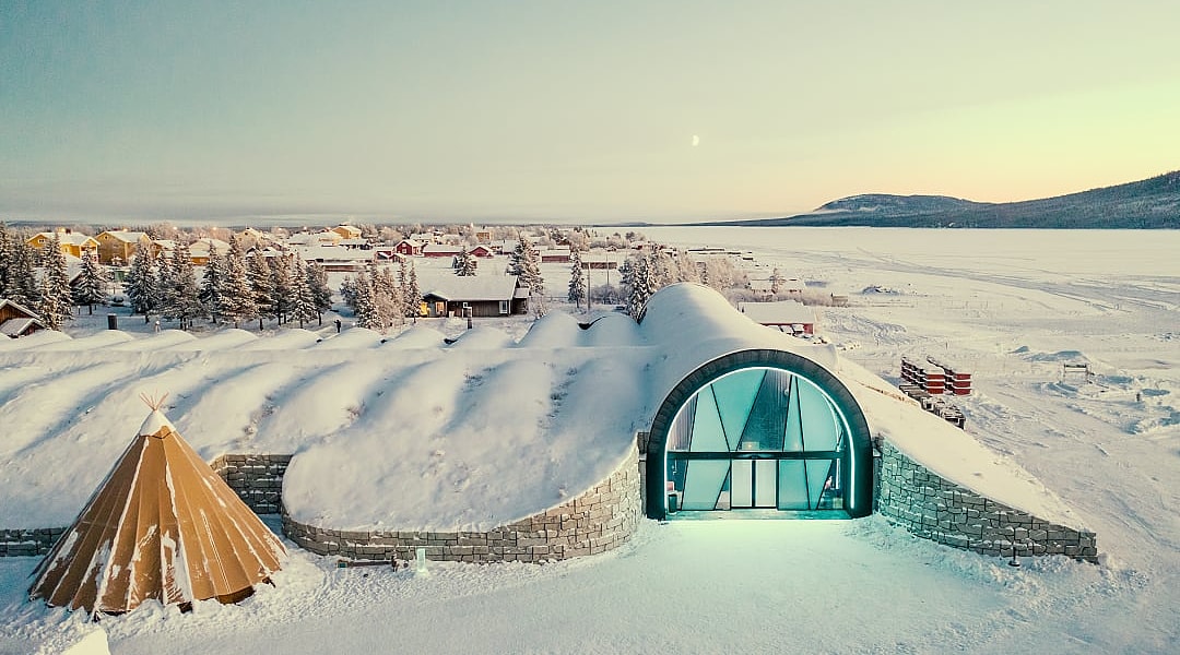 An aerial view of an Ice hotel in Kiruna, Sweden