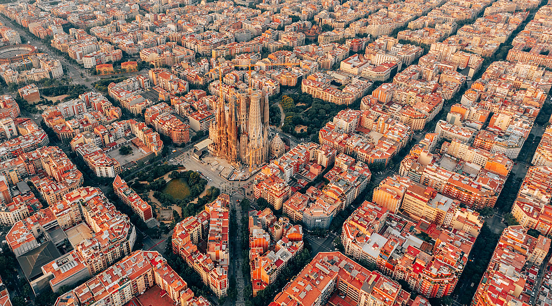 Aerial view of Barcelona, with La Sagrada Família in the center.