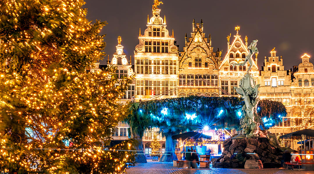 Grote Markt in Belgium, decorated for the Christmas season.