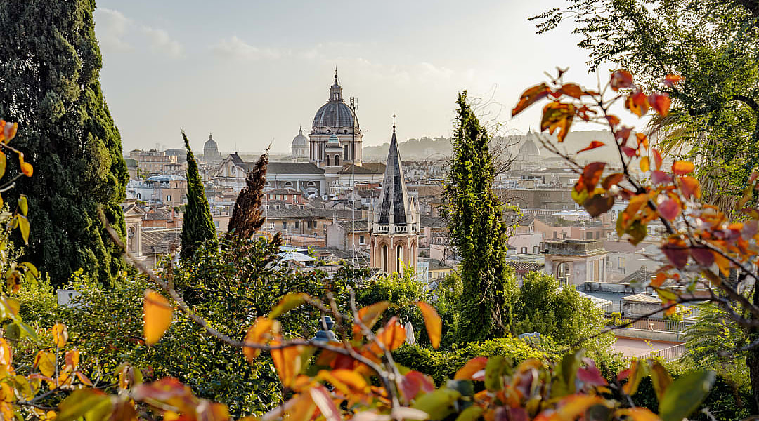 View of Rome’s historic skyline framed by trees, with St. Peter’s Basilica dome visible in the distance.