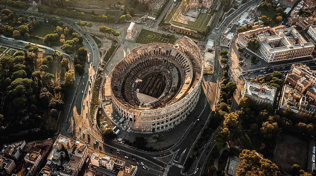 Bird's eye view of the Colosseum in Rome, Italy
