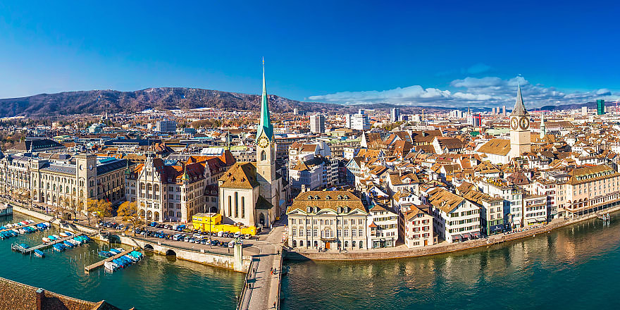 Historic city center of Zurich with famous Fraumünster church and the Limmat river in Switzerland