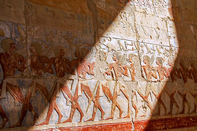 Egyptian hieroglyphs in side Queen Hatshepsut Temple in Valley of the Kings, Egypt