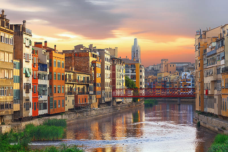 Sunset over Girona, colorful old town, near Barcelona, Spain