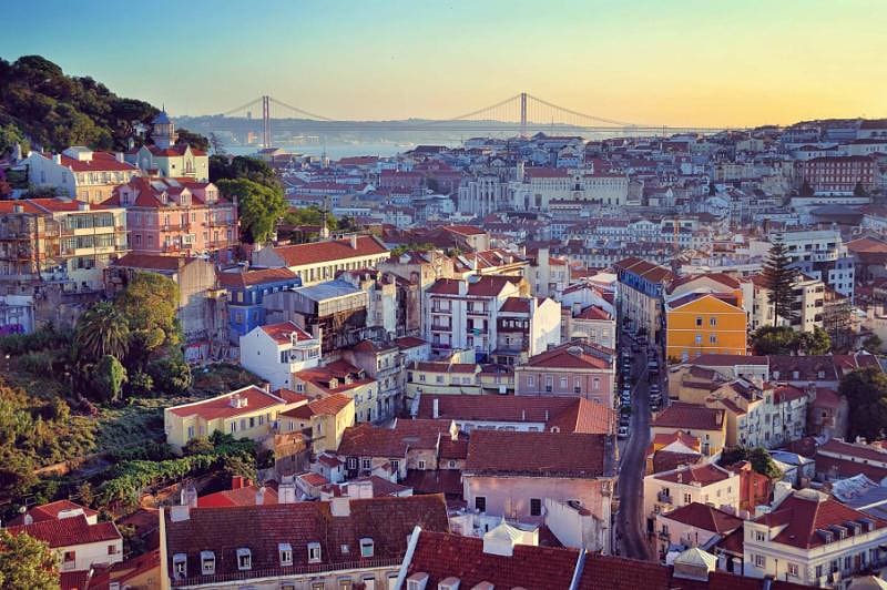 View of Lisbon, Portugal, at sunset, from the observation deck Miradouro da Graca