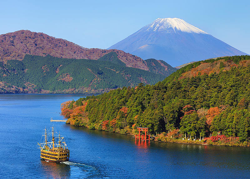 Mt Fuji and Lake Ashi with sightseeing pirate ship in Hakone National Park, Japan.