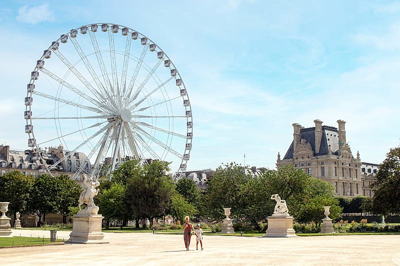 Mother and daughter walk in Paris Tuileries Garden, France