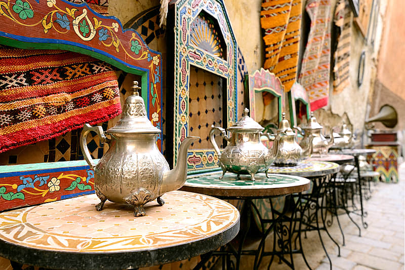 Tea kettles at an outdoor cafe in Rabat, Morocco.