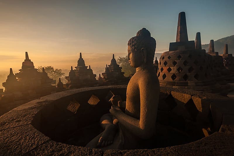 Borobudur Temple at sunrise in Java, Indonesia