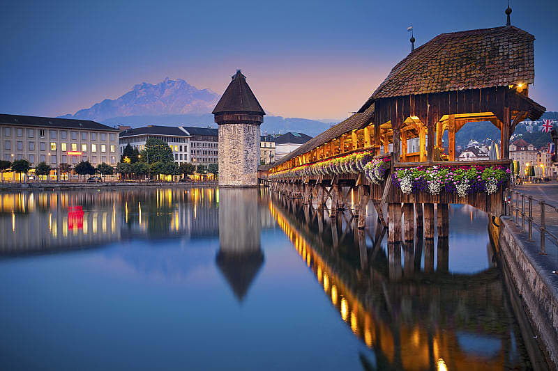 Lucerne, Switzerland during twilight blue hour