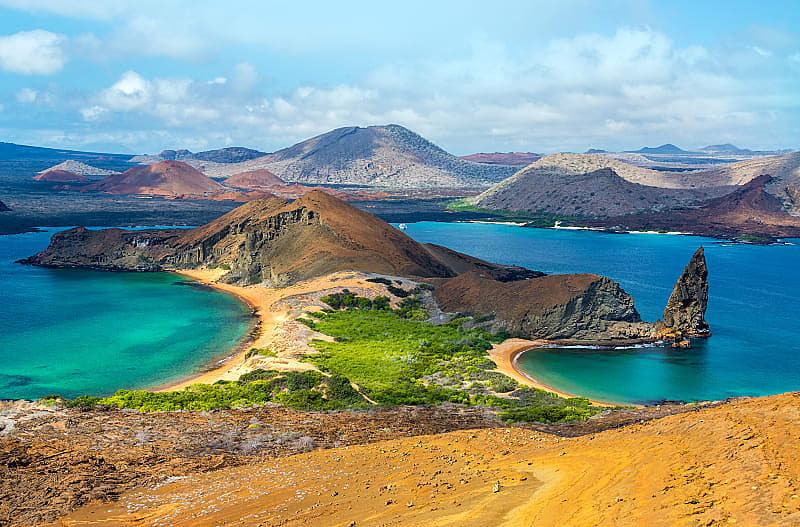 View of two beaches on Bartolome Island in the Galapagos Islands in Ecuador.