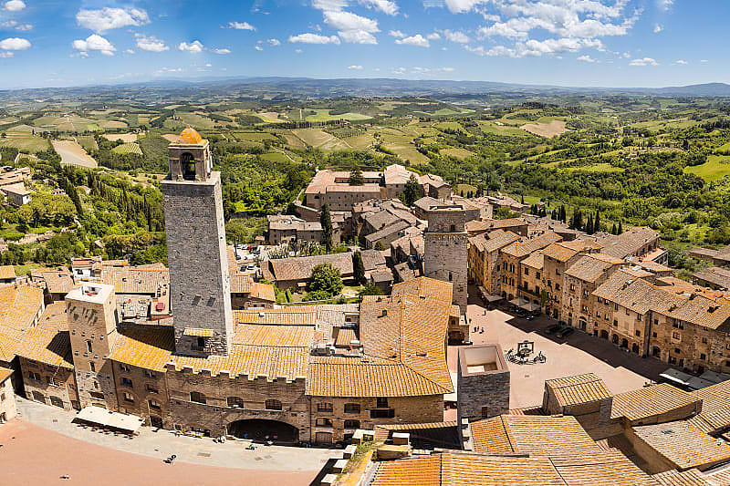 San Gimignano village surround by vineyards in Tuscany, Italy