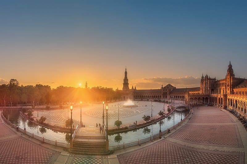 Seville, Plaza de España at sunset, waiting for a nightly flamenco extravaganza to the accompaniment of Spanish guitar