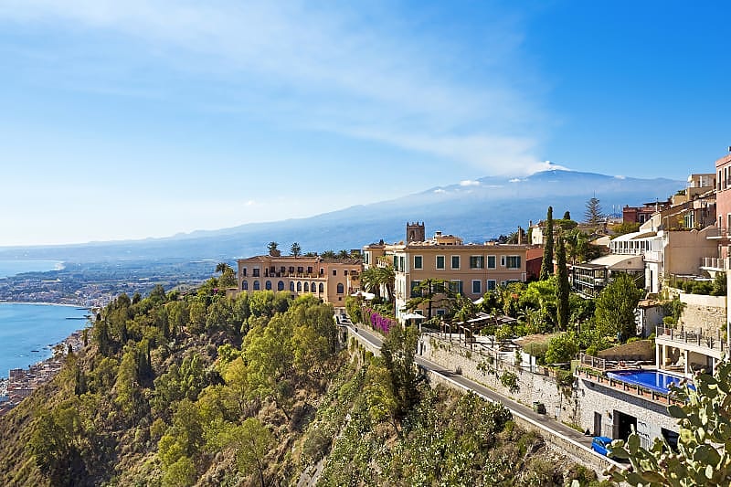 View of the city of Taormina and Mount Etna, Sicily