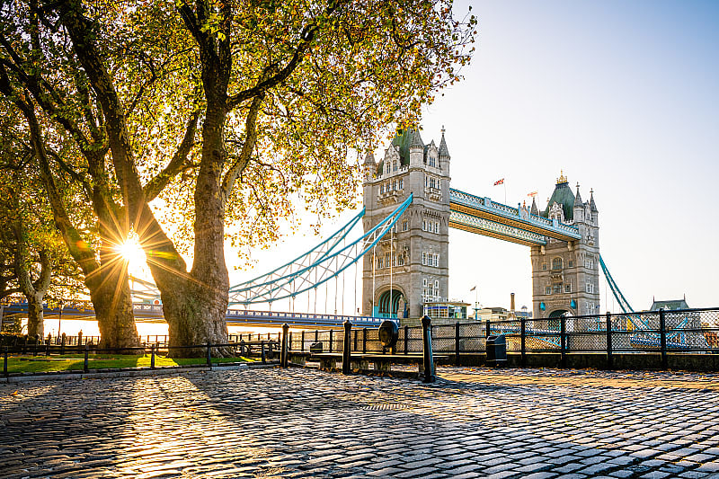 The Tower Bridge at sunrise in London