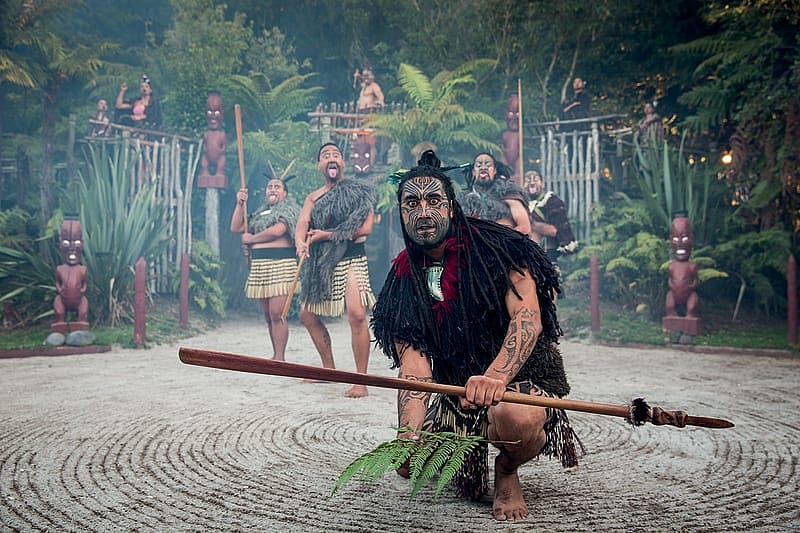 Maori Haka performers at Tamaki Mairi Village. Photo courtesy Tamaki Maori Village and Destination Rotorua Maori Haka performers at Tamaki Maori Village