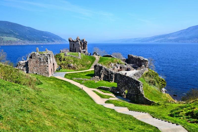 Ruins of Urguhart Castle along Loch Ness in Scotland