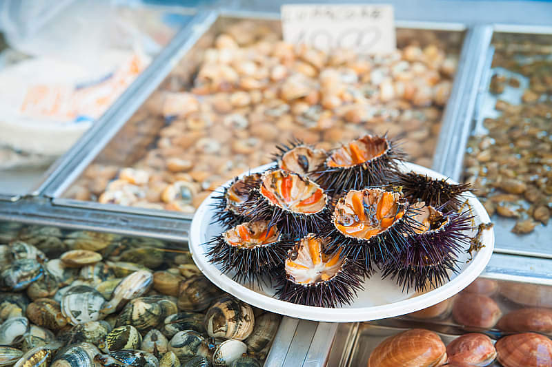 Traditional assortment of the fish market of the island town, Sicily