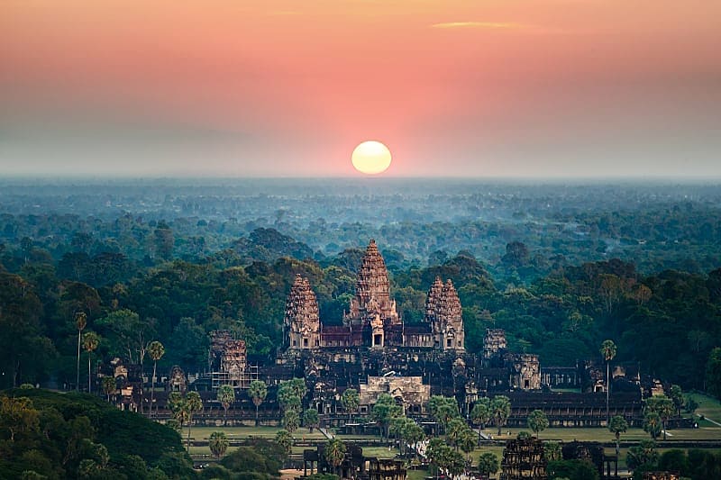 Stunning view of ancient Buddhist temple Angkor Wat at sunset, Cambodia