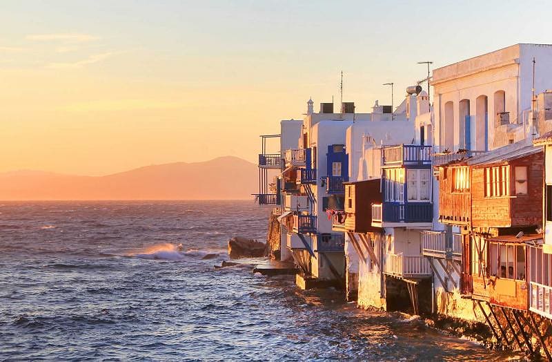 Sunset in Little Venice the most romantic place of Mykonos, Greece