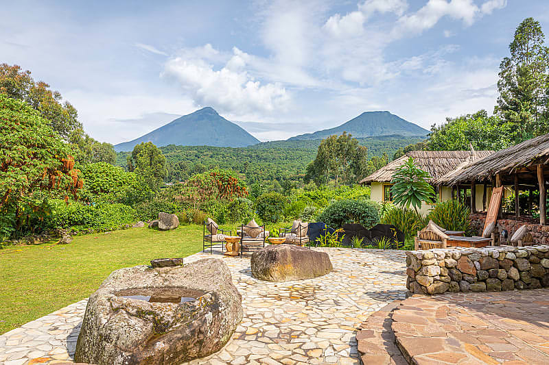 Mount Sabyinyo and Mount Gahinga, seen from a lodge in Volcanoes National Park