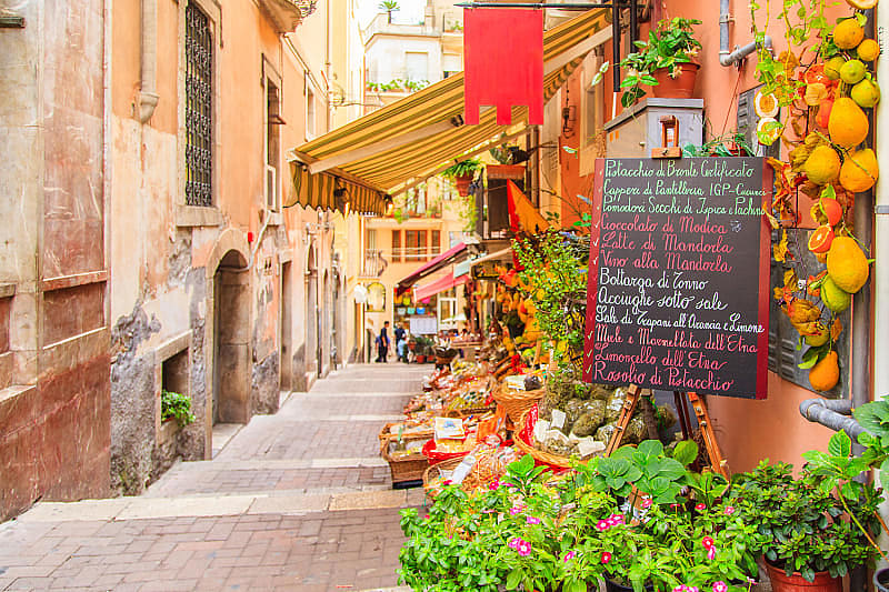 Grocery store on a street in Taormina, Sicily