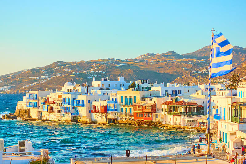 Little Venice, Mykonos, in the rays of the rising sun