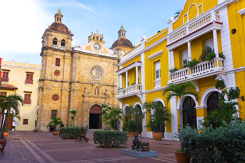 Colonial architecture with San Pedro Claver church in Cartagena, Colombia