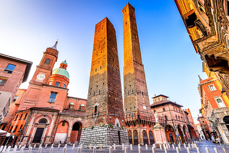 The medieval towers Asinelli and Garisenda in Bologna, Italy.