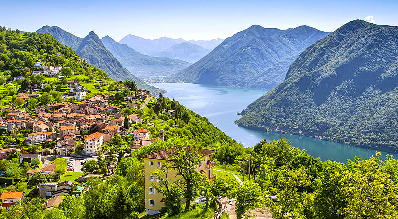 view to lugano city, lugano lake and monte san salvatore from monte bre, ticino, switzerland