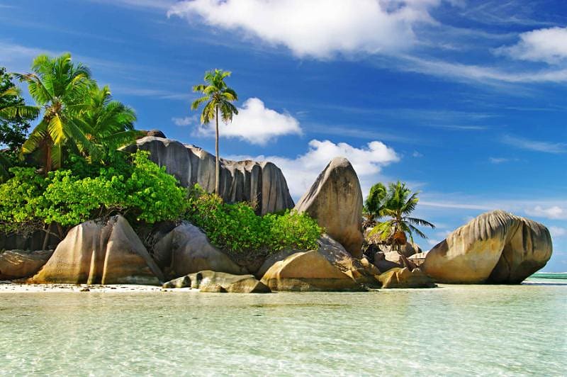Rocky beach in the La Digue island in the Seychelles