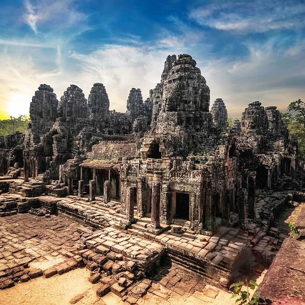 Amazing view of Bayon temple at sunset. Angkor Wat complex, Siem Reap
