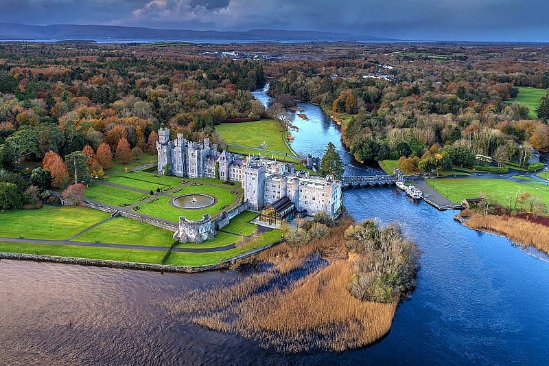 Aerial view of luxury Ashford castle and gardens in County Mayo