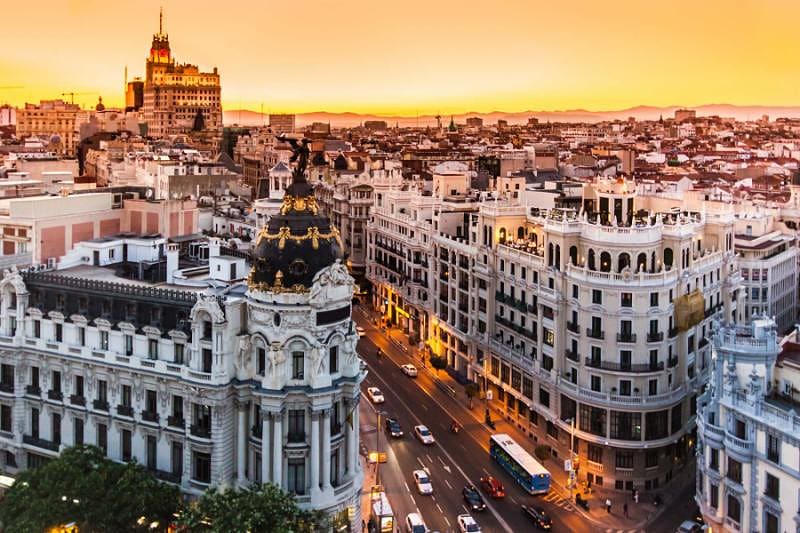 Panoramic view of the main shopping street Granvia in Madrid, Spain
