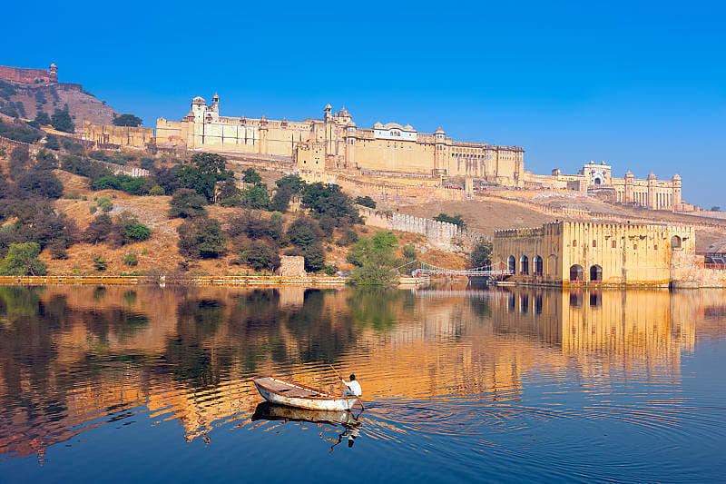 Indian Odyssey Tour: Taj Mahal, Khajuraho, Jaipur, UNESCO Ellora Caves & More Maota lake and Amber Fort in Jaipur, Rajasthan, India