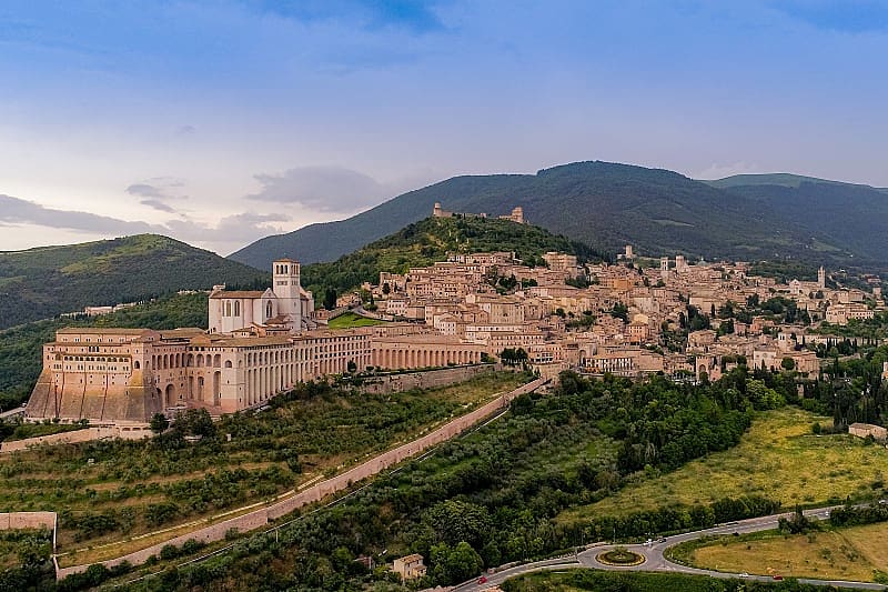 View of the city of Assisi and the Sacro Convento monastery, nowadays theological seminary, Italy
