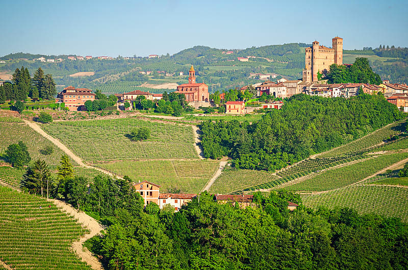 Vineyards surround the comune of Serralunga d'Alba in the Piedmont region of Italy