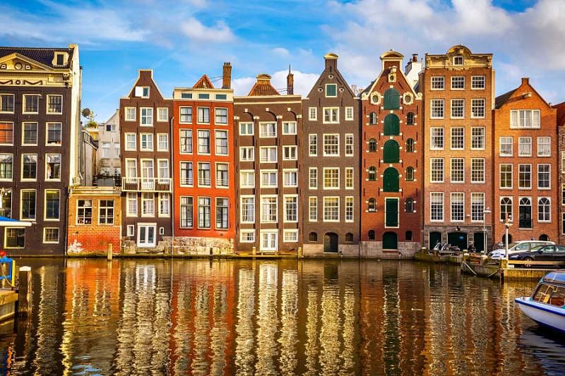 Traditional buildings along the canal in Amsterdam, Netherlands