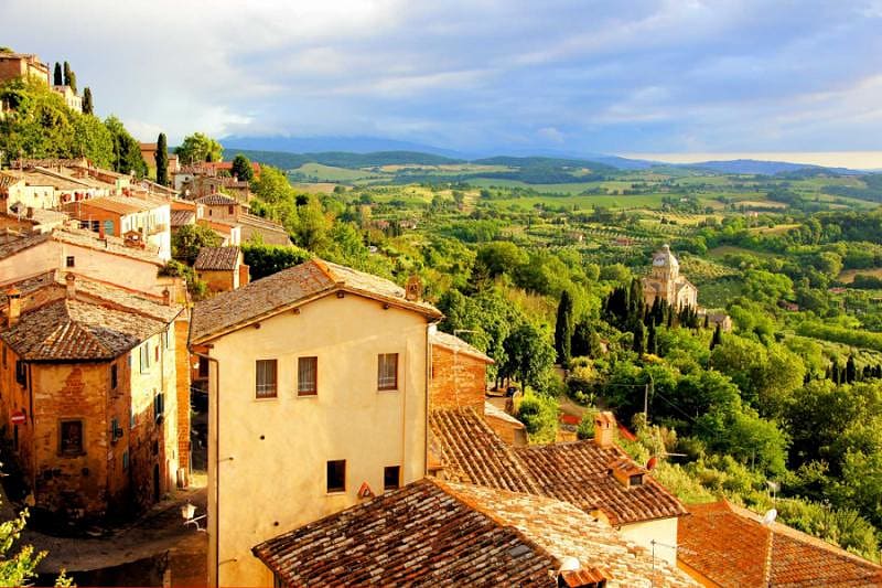 Montepulciano in Tuscany, Italy The hilltop town of Montepulciano surrounded by vineyards in Tuscany, Italy