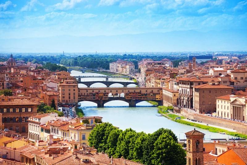 Panorama Arno river and Ponte Vecchio bridge, Florence, Italy