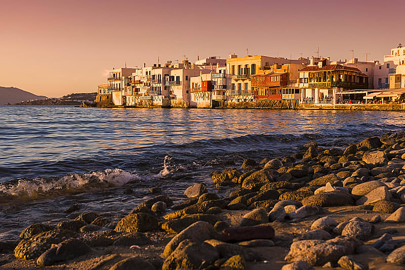 Sunset in Mykonos, Greece.