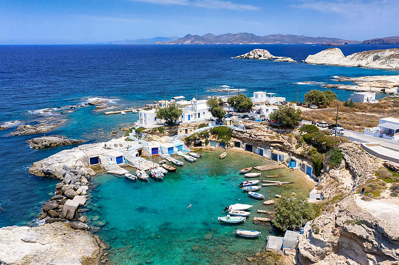 The azure waters of the Milos promenade, one of the islands of the Western Cyclades