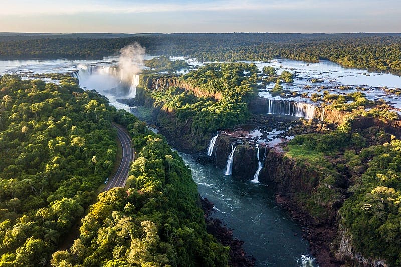 Explore Argentina's Capital, Natural World Wonder, and Patagonia - Iguazu Birdseye view of Iguazu River and Falls in Iguazu National Park, Argentina