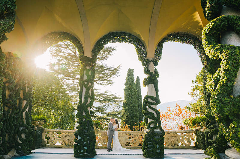 Couple eloping at Villa del Balbianello on Lake Como, Italy