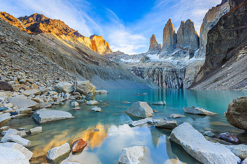 Thee Towers, Torres del Paine National Park, Chile Patagonia's Three Towers and glacial lake in Torres del Paine, National Park, Chile