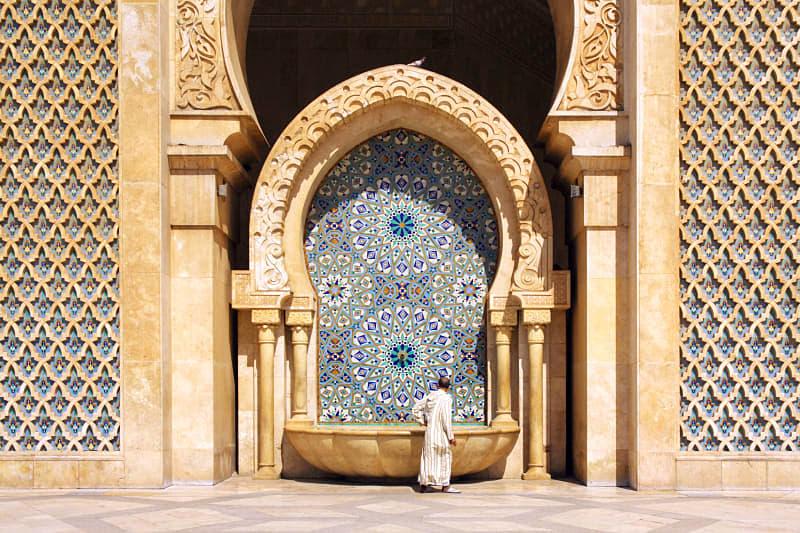 Discover Morocco Tour: Casablanca, Fes, Erfoud & Ouarzazate Fountain at Hassan II Mosque in Casablanca, Morocco