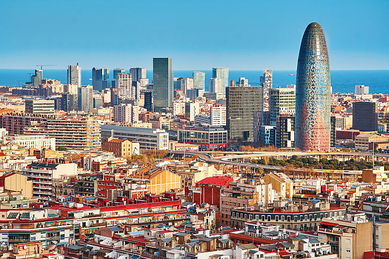 Skyline Barcelona, Spain with the Mediterranean Sea in the background