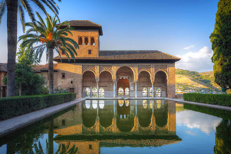 Gardens and pool in the Alhambra, Granada, Spain.