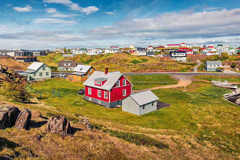 Sunny summer cityscape of small fishing town. Stykkisholmur in Iceland