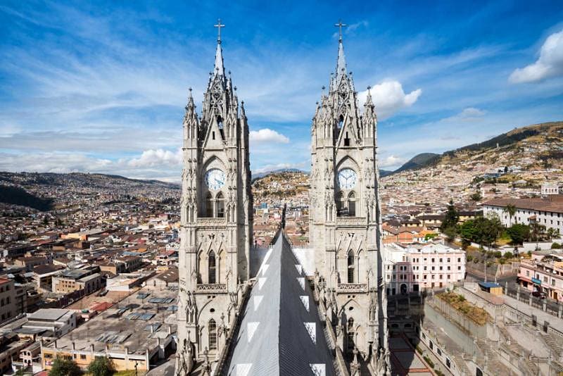 Twin steeples of the Basilica del Voto Nacional in Quito, Ecuador